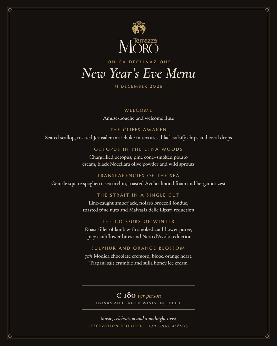 Terrazza Moro New Year's Eve 2026 menu, Taormina