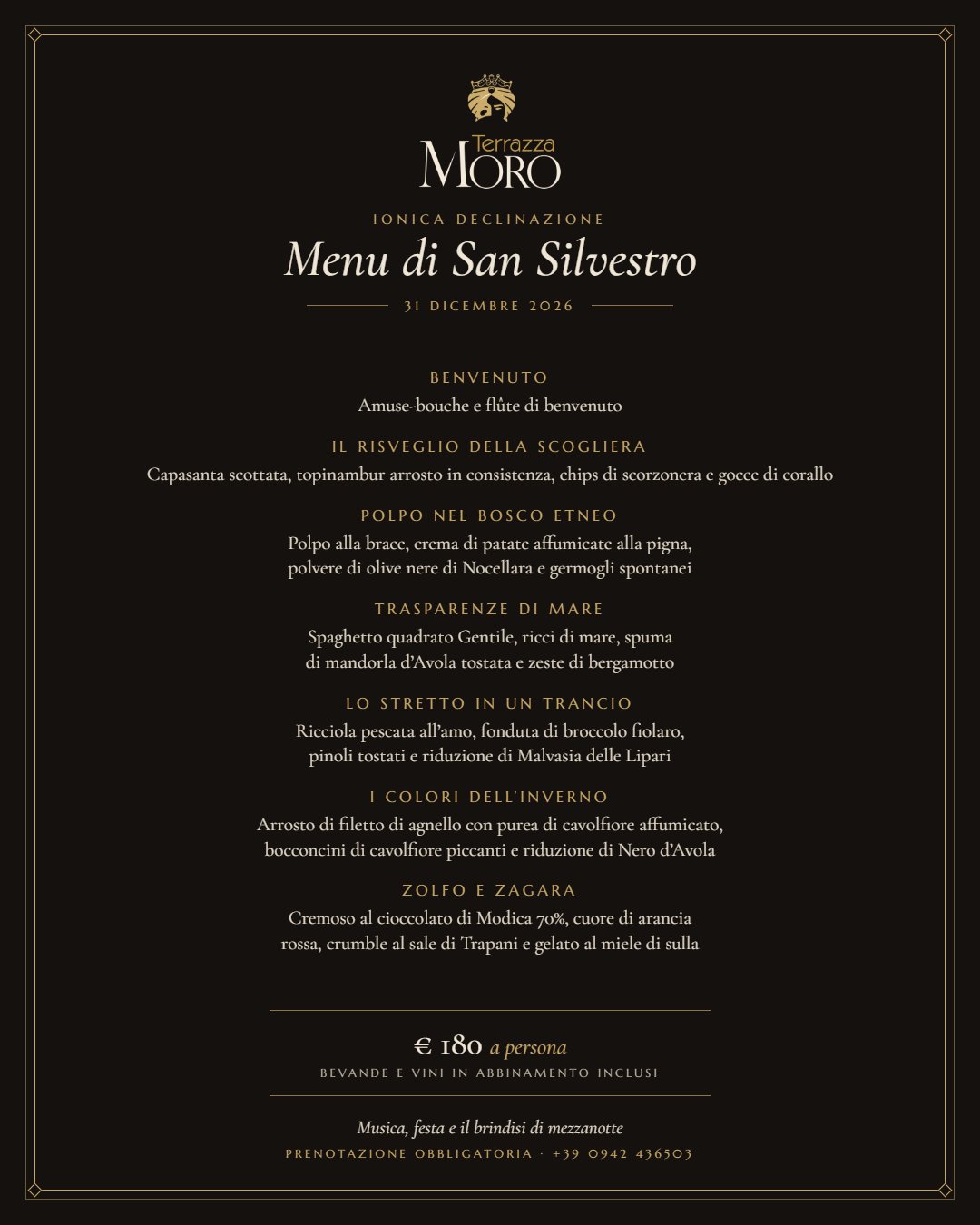 Menu del Cenone di Capodanno 2026 di Terrazza Moro a Taormina